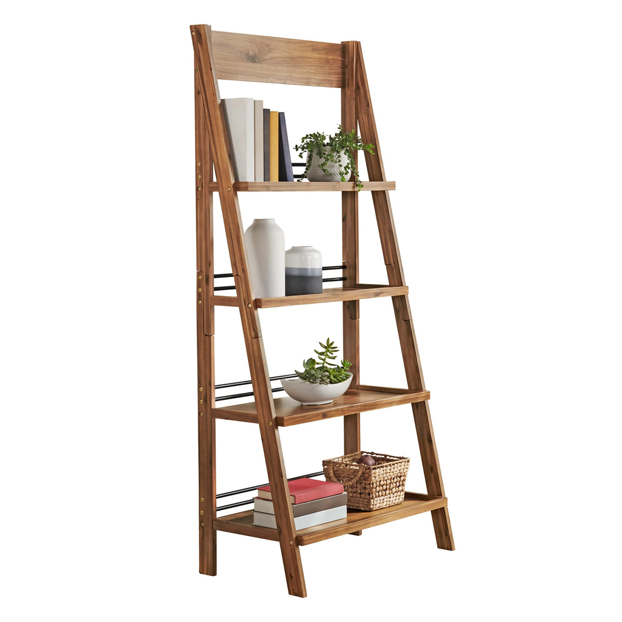Alaterre Furniture Ladder Bookshelf - Freestanding 4-Tier Bookcase with X-Back Frame - Shelves for Living Room, Kitchen, Bedroom, and Office (Walnut) Alaterre Furniture