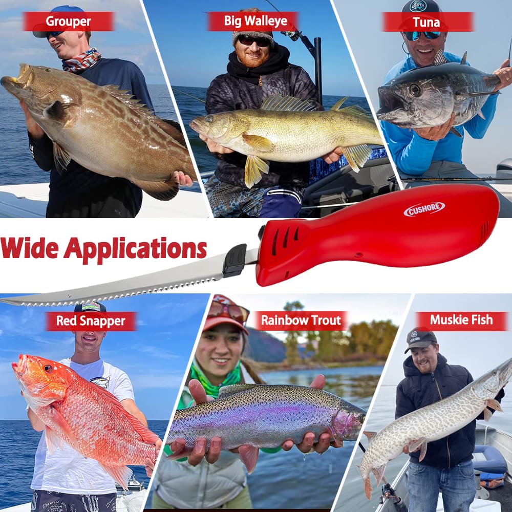 Cushore Cordless Electric Knife Rechargeable with 2 Set of 8 Fully Serrated S.S. Blades, Multi Function for Turkey Knife, Portable Carry Case for Fishing, Filleting, and Outdoors (Red) Cushore
