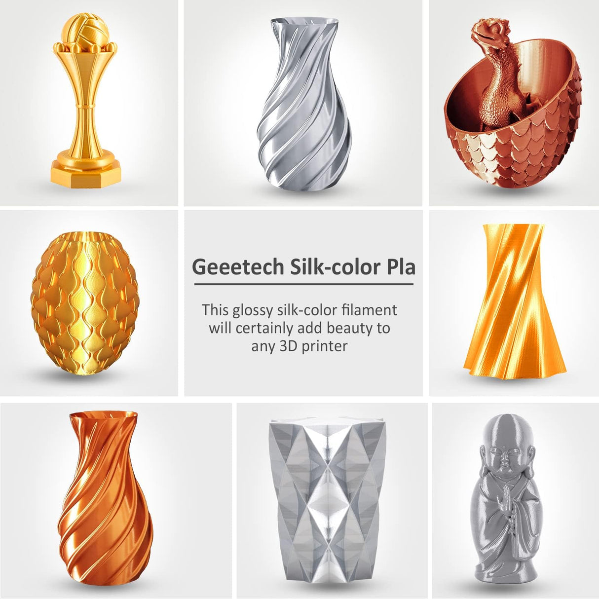 Geeetech Silk PLA Filament 1.75mm for 3D Printer , Metal-Like Shiny Consumable 1kg (2.2lbs) 1 Spool, Dimensional Accuracy +/- 0.03 mm, Silk Gold Geeetech