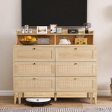 UNDUSLUY 6 Drawer Rattan Double Dresser for Bedroom with Shelves, Wood Chest of Dressers, Modern Dresser Chest with Charging Station for Closet, Living Room and Entryway, Natural UNDUSLUY