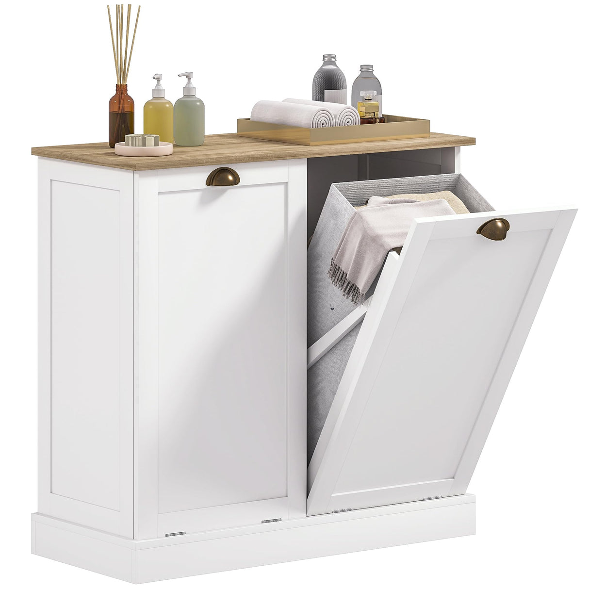 HOMCOM Double Tilt-Out Laundry Hamper Cabinet with 2 Removable Basket, Modern Bathroom Storage Cabinet with Shaker Doors and Handles, White HOMCOM