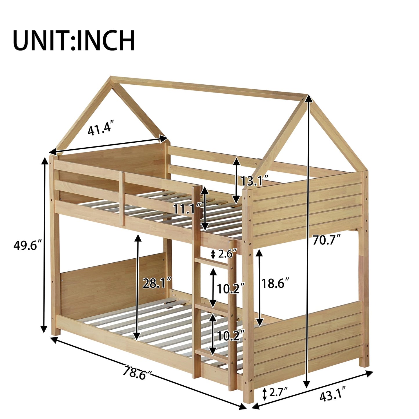 Ziraukon Twin Over Twin Floor Bunk Bed with Ladder and Safety Guardrails, Solid Wooden Loft Bed Frame for Teens and Adults, Easy to Assemble, Saving Space, No Box Spring Needed, White Oak