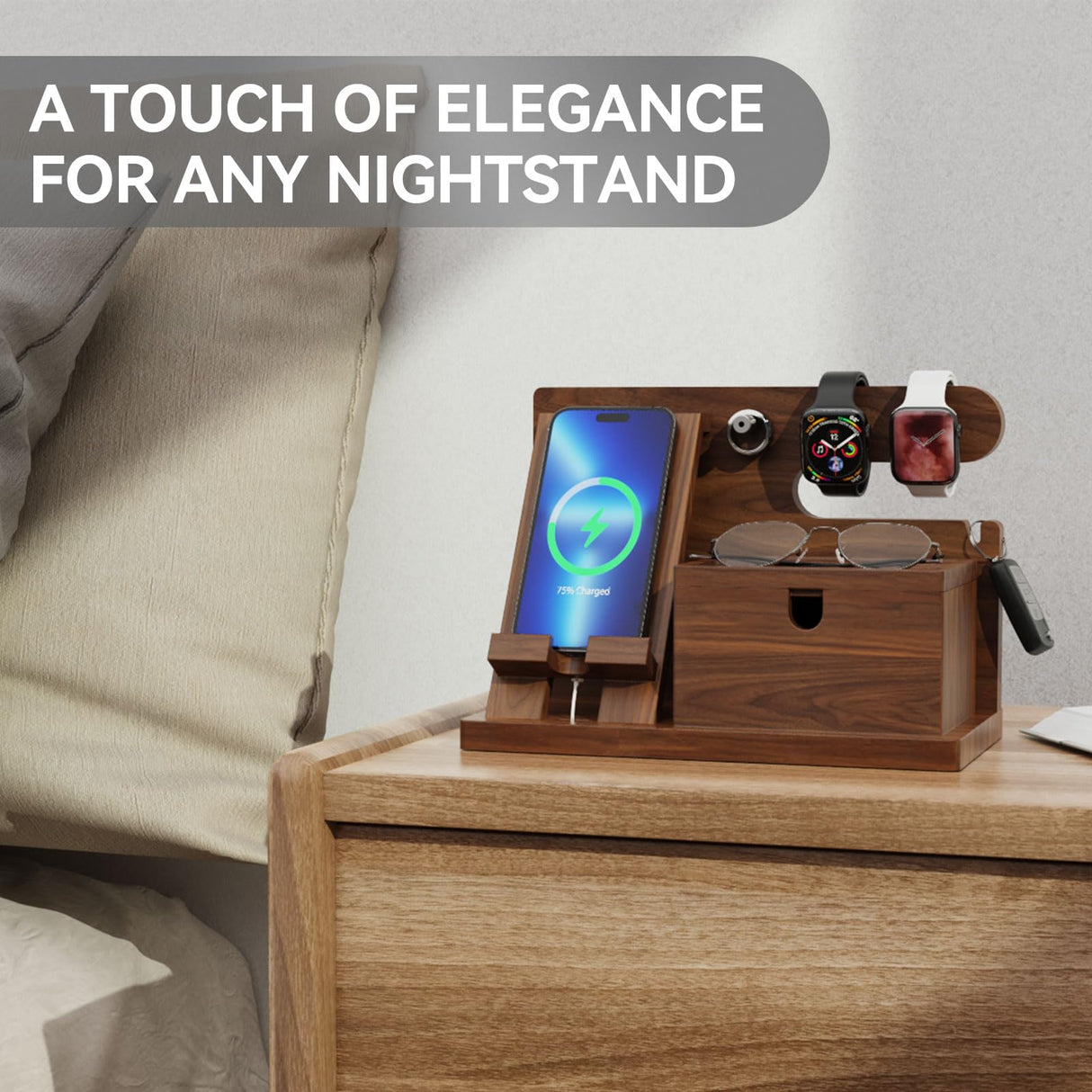 Walnut Wood Phone Docking Station with Wireless Charging, Nightstand Organizer for Men & Women, Compatible with iPhone/Samsung/Apple Watch/AirPods, Gifts for Dad, Husband, Anniversary, Birthday ACTESE