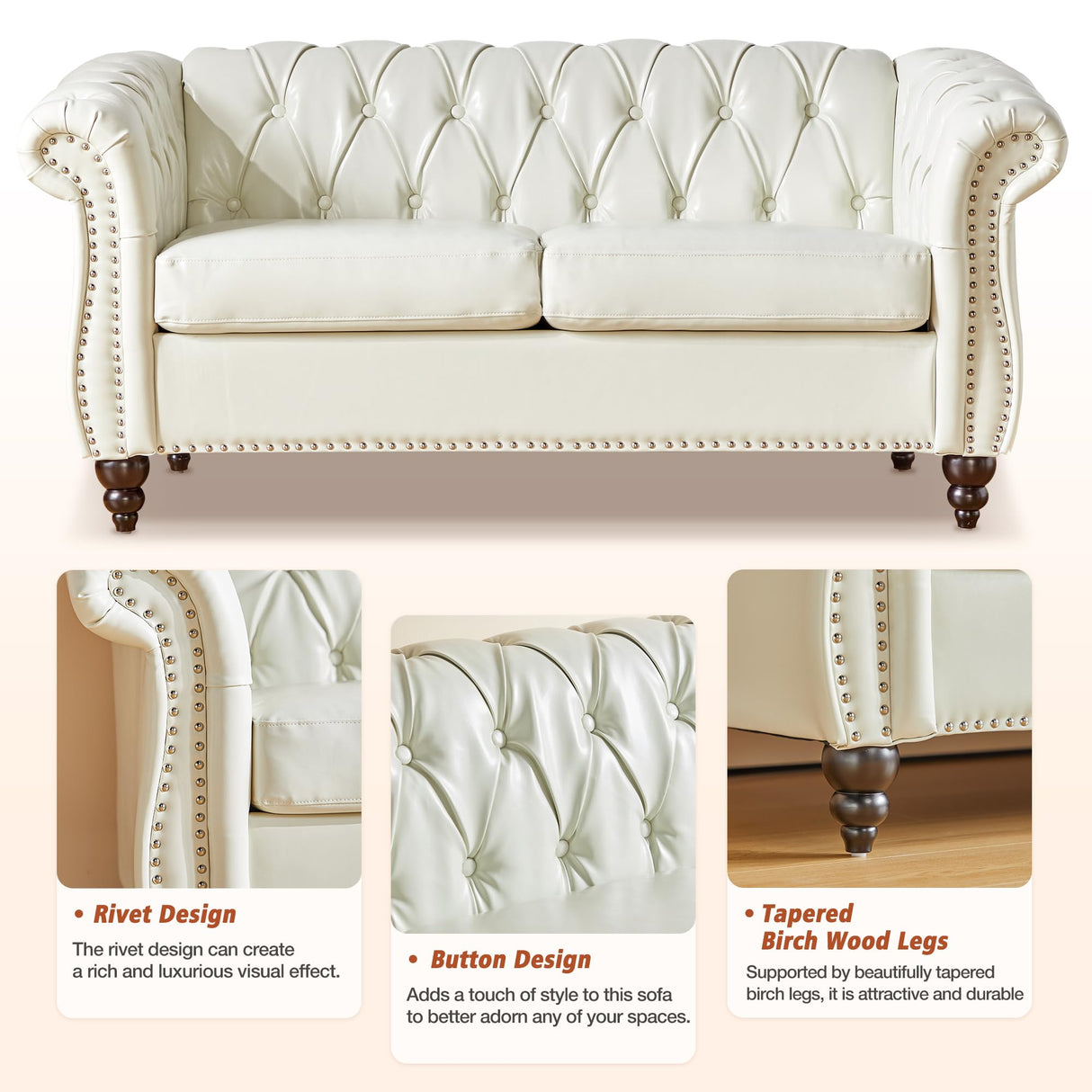 Loveseat Sofa, Chesterfield Modern Faux Leather Sofa Tufted Couch 2 Seater with Rolled Arms and Nailhead for Living Room, Bedroom, Office, Apartment (White) ORRD