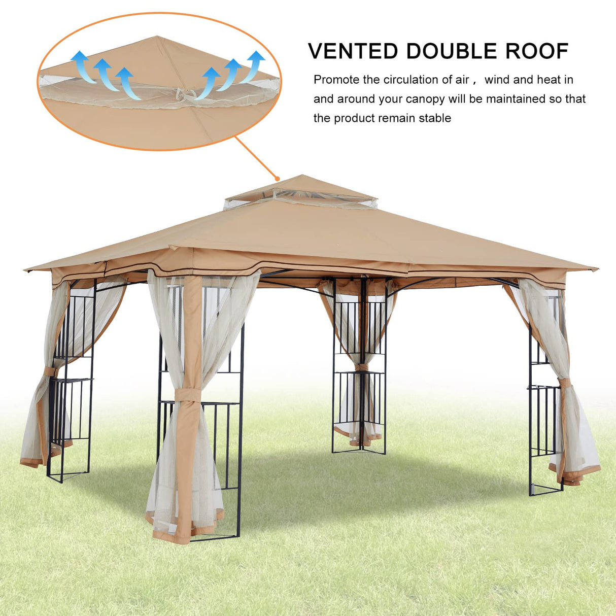 MASTERCANOPY Patio Outdoor Gazebo with Netting Screen Walls and Corner Shelf Design (11x11,Beige) MASTERCANOPY