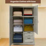 Naomi Home Grey Oak Storage Cabinet with 2 Barn Doors, 2 Drawers & Adjustable Shelves – Modern Wardrobe Closet Armoire for Bedroom, Entryway & Utility Room Naomi Home