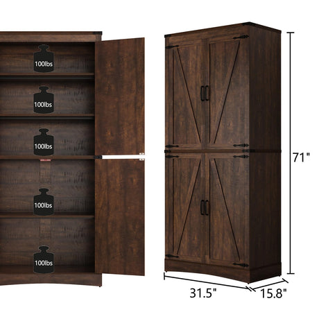 chartustriable 71in Farmhouse Kitchen Pantry Cabinet,Tall Storage Cabinet with 4 Doors and Adjustable shelves,with Load-Bearing Steel Pipe,Wood Storage Cabinets for Kitchen,Dining Room,Bathroom(Brown) chartustriable
