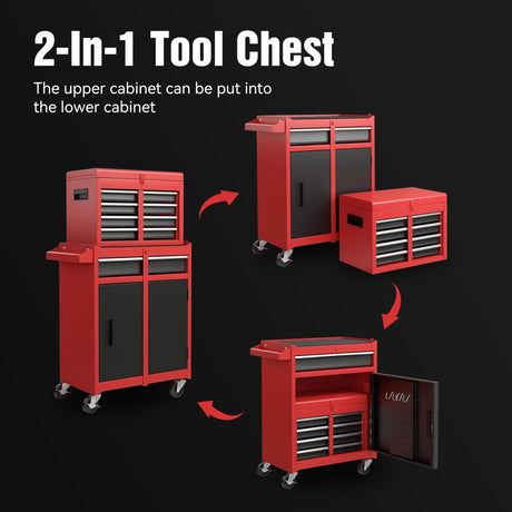 5-Drawers Large Tool Chest Tool Box Organizer with Lockable, 2-In-1 Detachable Tool Storage Cabinet with Wheels, Portable Expandable Tool Cart Toolbox with Drawers for Garage, Workstation, Workshop Flieghund