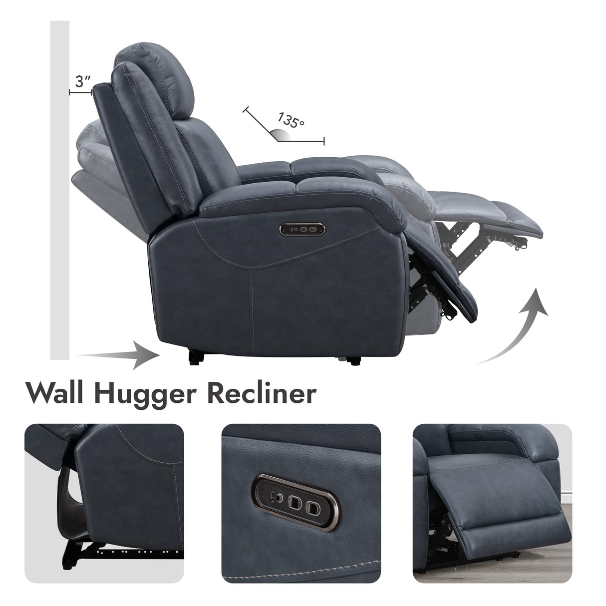 Watson & Whitely Genuine Leather Power Recliner Chairs for Adults, Wall Hugger RV Recliner with Power Headrest & Charging Ports, Electric Recliner Sofa Chair for Living Room, Navy Watson & Whitely