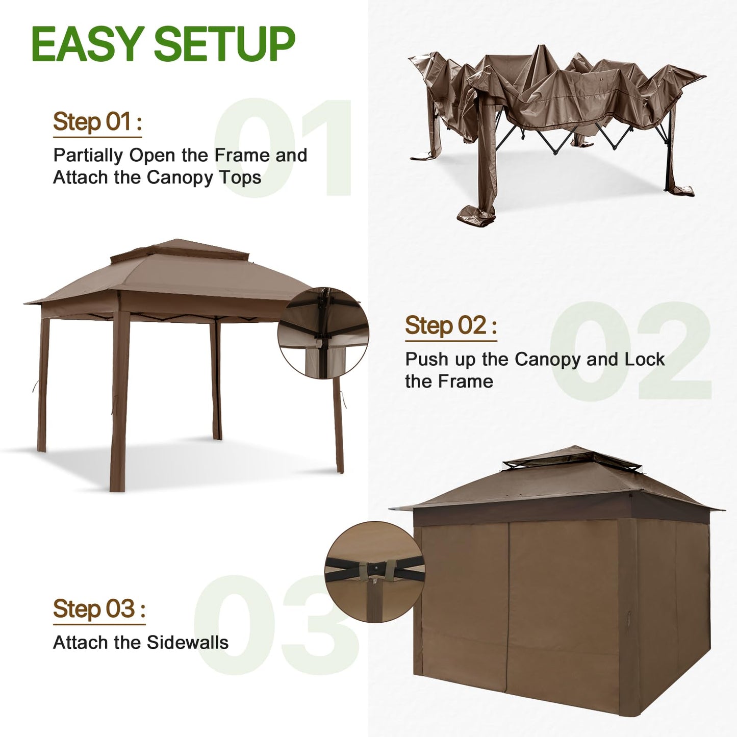 COOS BAY 11x11 Pop-up Instant Gazebo Tent with 4 Sidewalls Outdoor Canopy Shelter with Carry Bag, Stakes and Ropes, Brown - WoodArtSupply