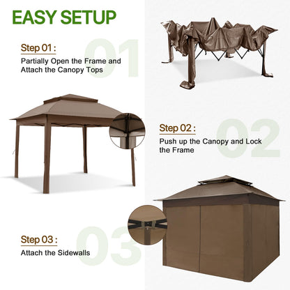 COOS BAY 11x11 Pop-up Instant Gazebo Tent with 4 Sidewalls Outdoor Canopy Shelter with Carry Bag, Stakes and Ropes, Brown - WoodArtSupply