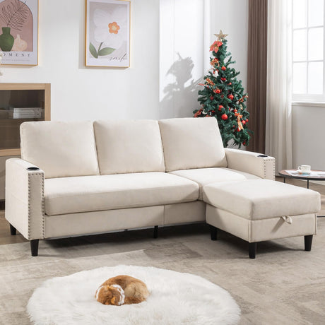 Siiejia Convertible Sectional Couches for Living Room, L-Shaped Couch 3 Seats Sofas with Storage Chaise & 2 Cup Holders, Small Sofa for Apartment, Compact Spaces, Beige Siiejia