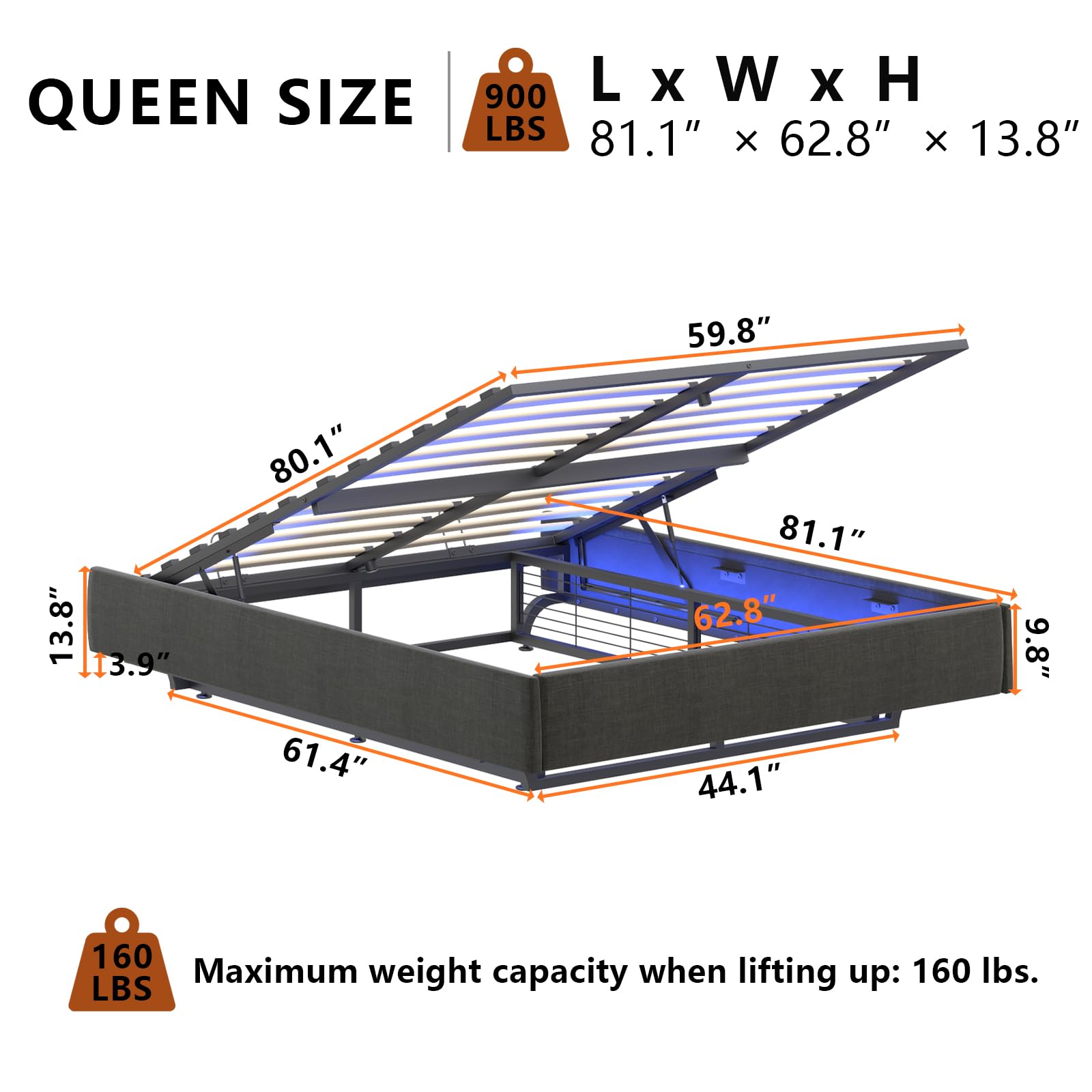 Queen Floating Lift Up Bed Frame with LED Lights & Hydraulic Storage - Modern Metal Platform Design - WoodArtSupply