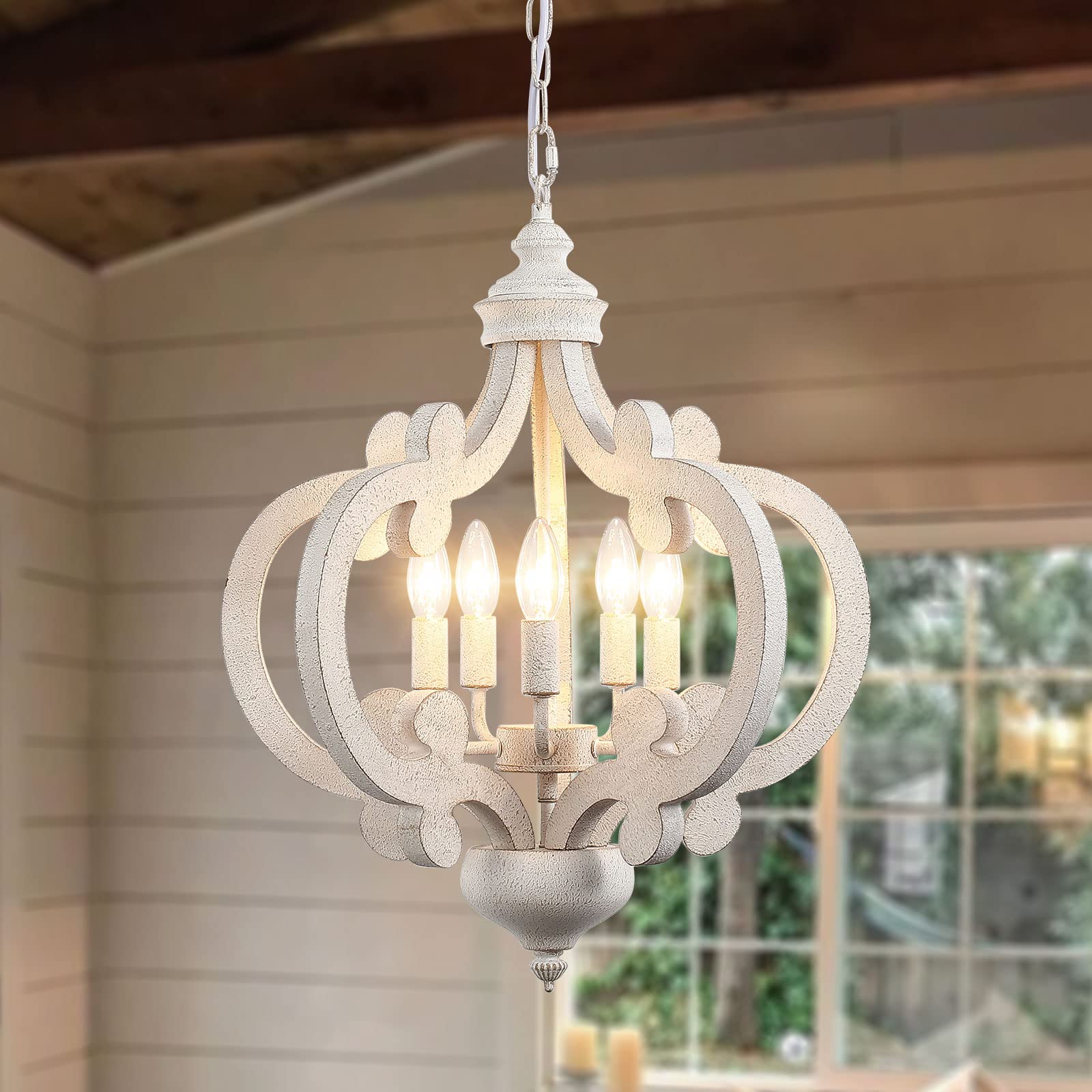 ETONIMERR Wooden French Country Chandelier Light Fixture Ceiling 5-Light, Antique White Farmhouse Chandelier for Dining Room Cottage Rustic Pendant Lighting for Kitchen Island Living Room Bed - WoodArtSupply