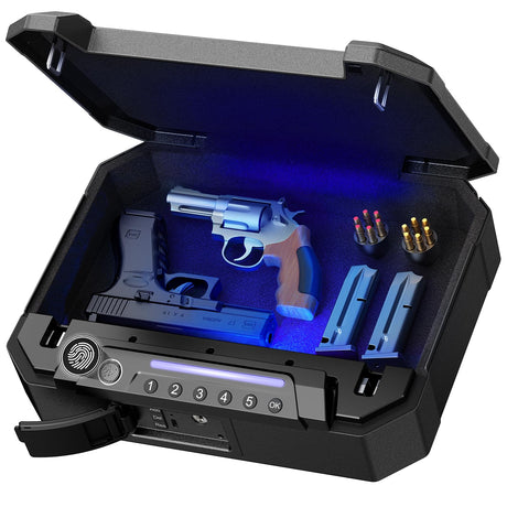 ONNAIS Biometric Gun Pistol Safe - Iron MAX Quick Access Fingerprint Gun Safe for Handgun with USB-C Charging, Extra-Large Pistol Case with Interior Light, Handgun Safe for Nightstand Beside and Car ONNAIS