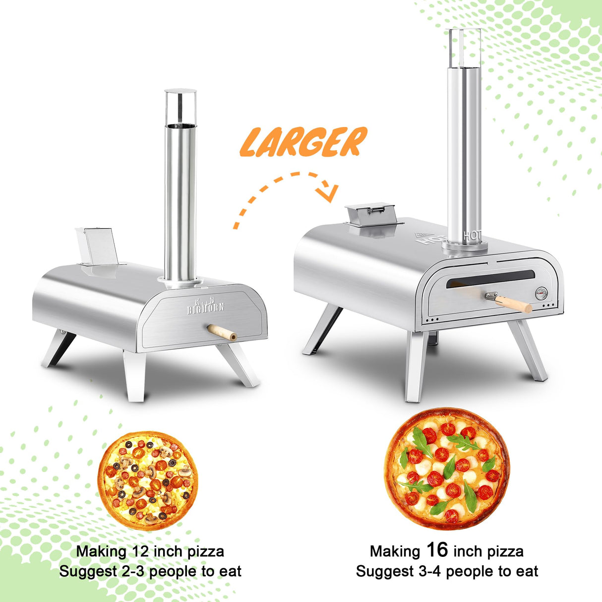 BIG HORN OUTDOORS 16 Inch Wood Pellet Burning Pizza Oven Pellet Pizza Stove, Portable Stainless Steel Pizza Oven with Pizza Stone for Outdoor Backyard Pizza Maker Garden Kitchen BIG HORN OUTDOORS