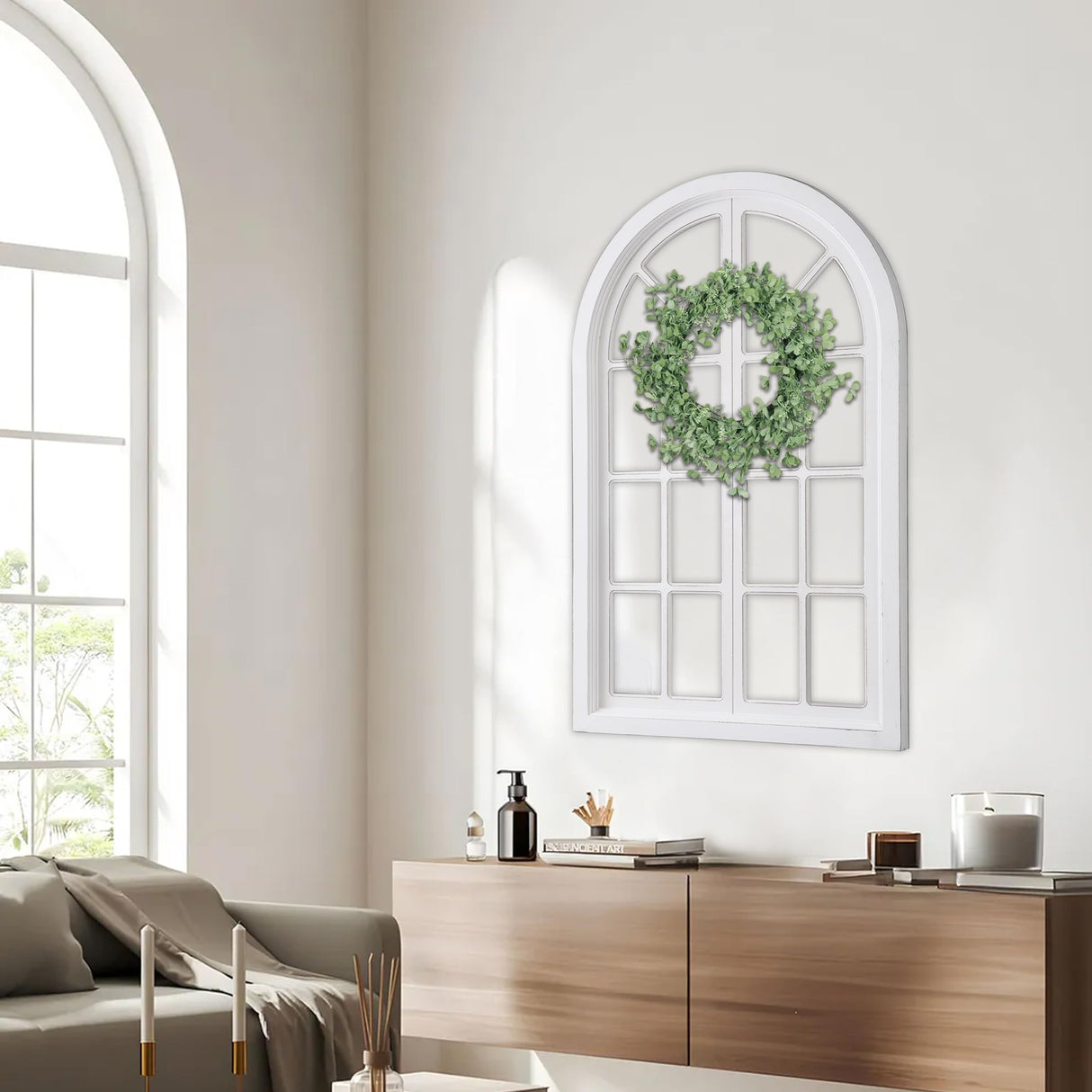 Sintosin Rustic Arched Window Frame Wall Decor 42 X 26 Inch, Hanging Distressed White Large Wooden Cathedral Window Pane for Wall Decor, Handmade Farmhouse Wall Decor for Living Room Bedroom Hallway Sintosin