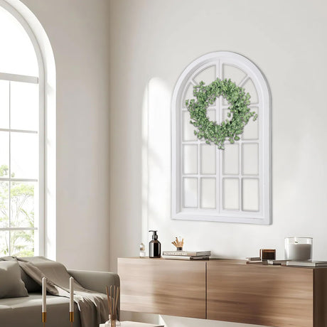 Sintosin Rustic Arched Window Frame Wall Decor 42 X 26 Inch, Hanging Distressed White Large Wooden Cathedral Window Pane for Wall Decor, Handmade Farmhouse Wall Decor for Living Room Bedroom Hallway Sintosin