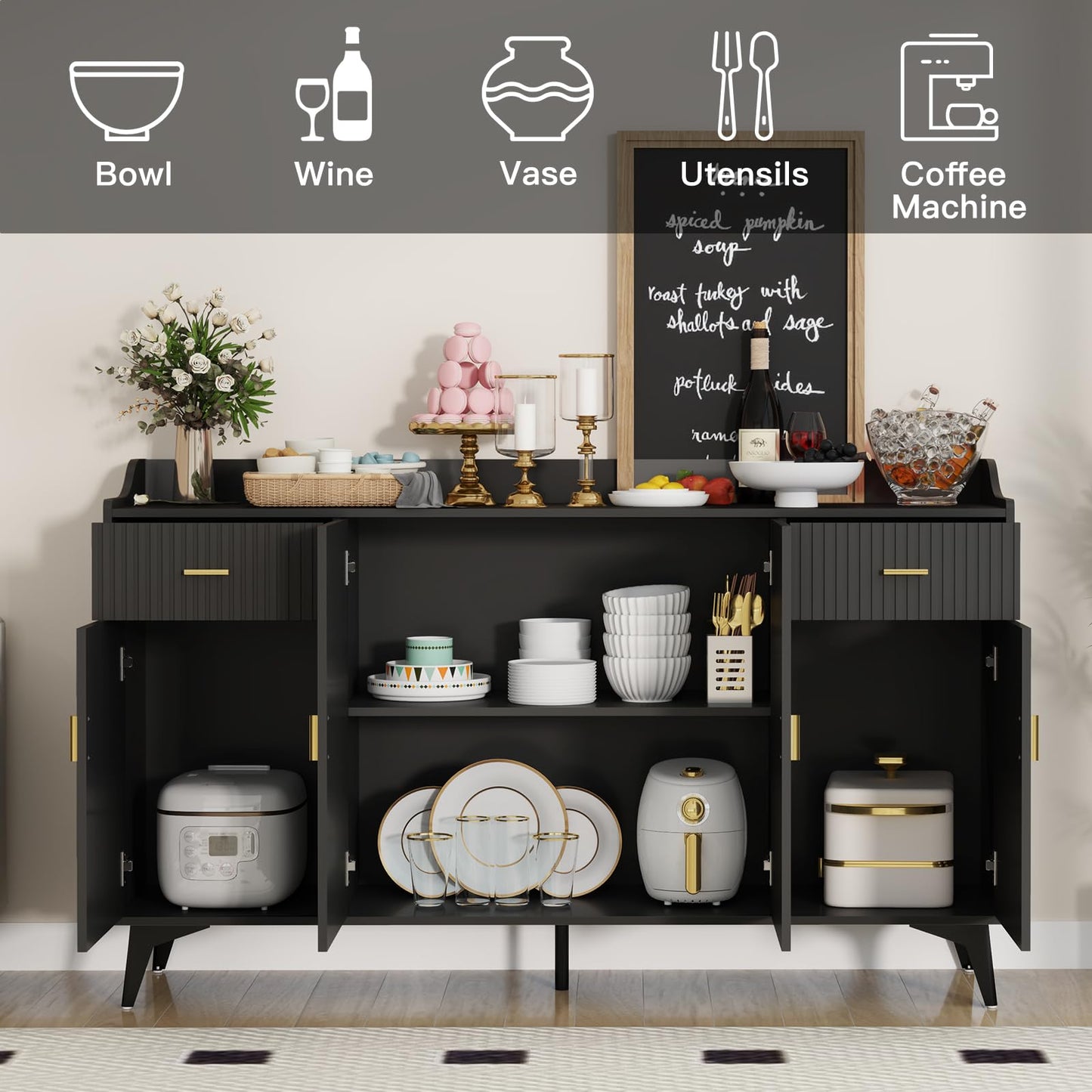 Wakefit Sideboard Buffet Cabinet with Storage, Fluted Doors & Drawer, Wood Farmhouse Credenza Coffee Bar Cabinet with Baffle Tabletop and Handles for Kitchen, Living Dining Room, Black - WoodArtSupply