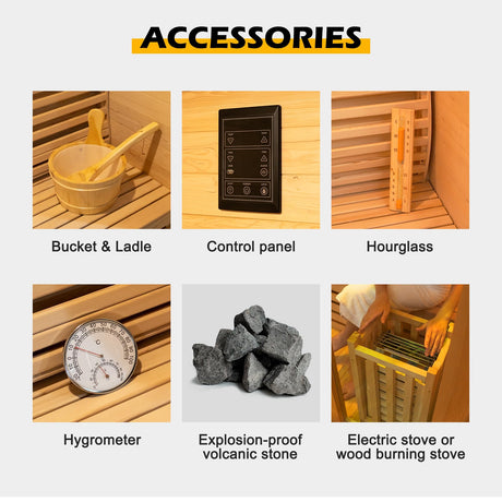 ZONEMEL Wooden Steam Sauna Room, 2 Person Canadian Hemlock Luxurious Indoor Sauna with 3 KW Harvia Stove Heater, Bluetooth Speaker, Sauna Stone, Wooden Bucket, Scoop, Reading Light, Hourglass ZONEMEL