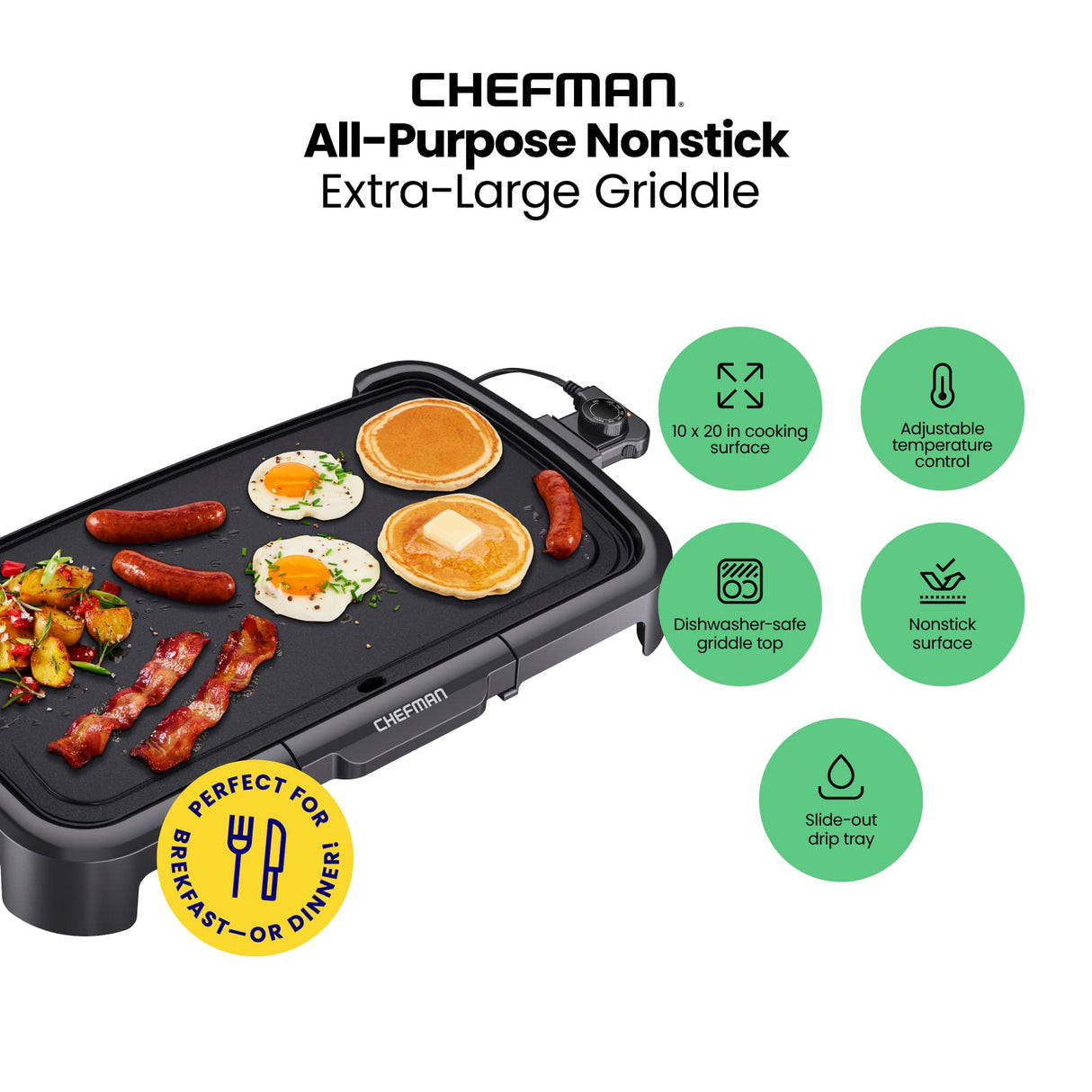 Chefman XL Electric Griddle with Removable Temperature Control, Immersible Flat Top Grill, Burger, Eggs, Pancake Griddle, Nonstick Extra Large Cooking Surface, Slide Out Drip Tray, 10 x 20 Inch Chefman