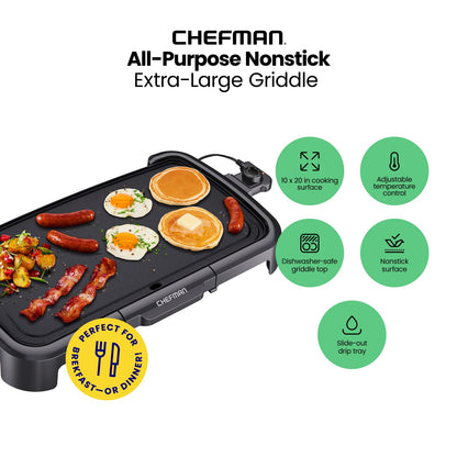 Chefman XL Electric Griddle with Removable Temperature Control, Immersible Flat Top Grill, Burger, Eggs, Pancake Griddle, Nonstick Extra Large Cooking Surface, Slide Out Drip Tray, 10 x 20 Inch