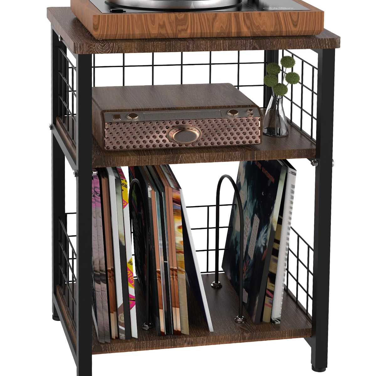 Tuohours Record Player Stand, 3 Tier End Table with Double Layer Iron ...