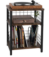 Tuohours Record Player Stand, 3 Tier End Table with Double Layer Iron Wire Mesh Turntable Stand Vinyl Record Table Storage Up to 100 Albums, Nightstand Small Side Table for Living Room Bedroom, Black Tuohours