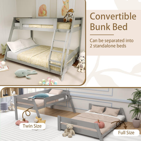 KOMFOTT Wood Twin Over Full Bunk Bed with Reversible Ladder, Wood Bunk Bed Frame with Slats Support & Safety Guardrails, Low Convertible Bunk Bed for Teens, Adults, No Box Spring Needed (Grey) KOMFOTT