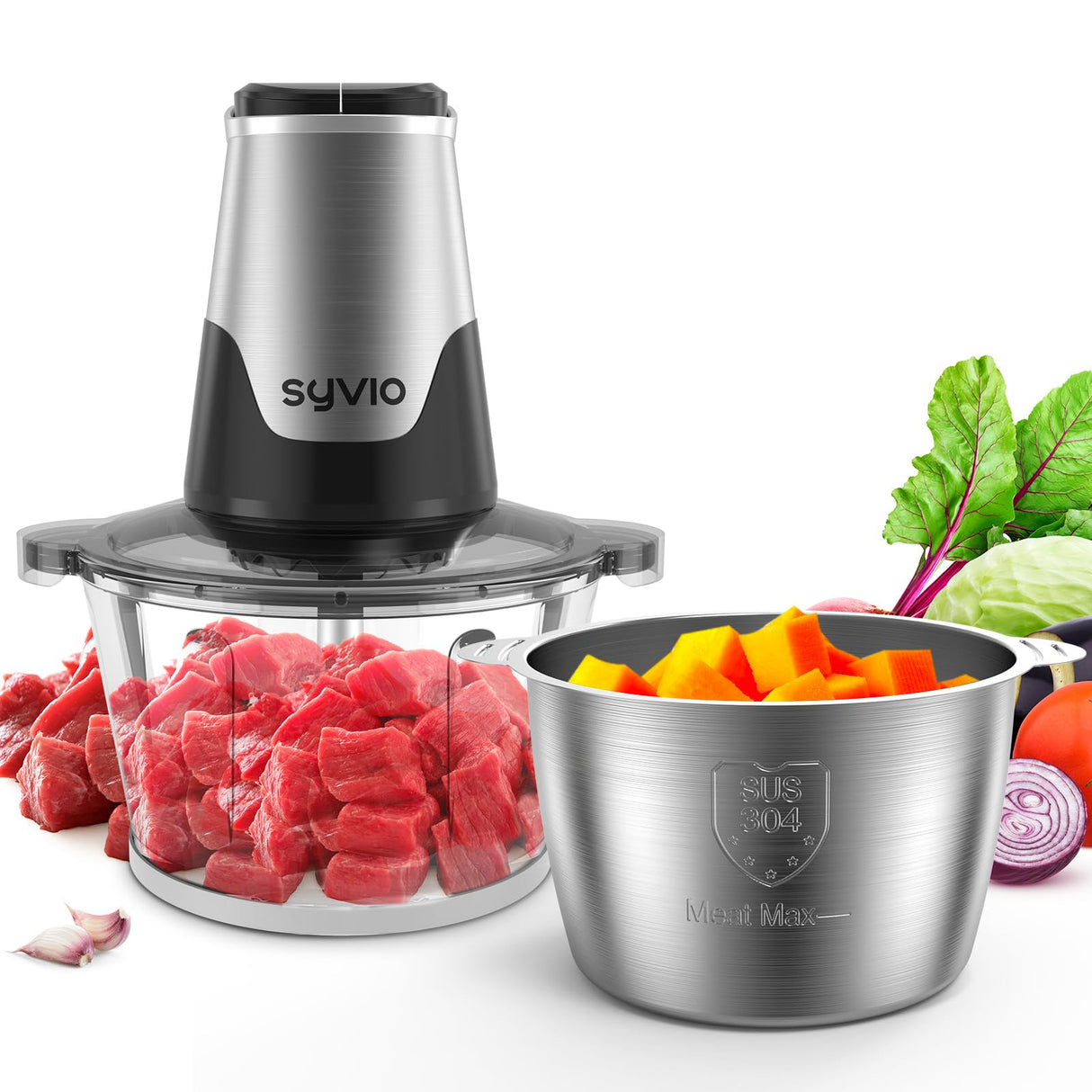 Syvio Food Processors with 2 Bowls, Meat Grinder 4 Bi-Level Blades, Mini Electric Food Chopper 450W, for Baby Food, Meat, Onion, Vegetables, 2 Speed, 8 Cup and 8 Cup syvio