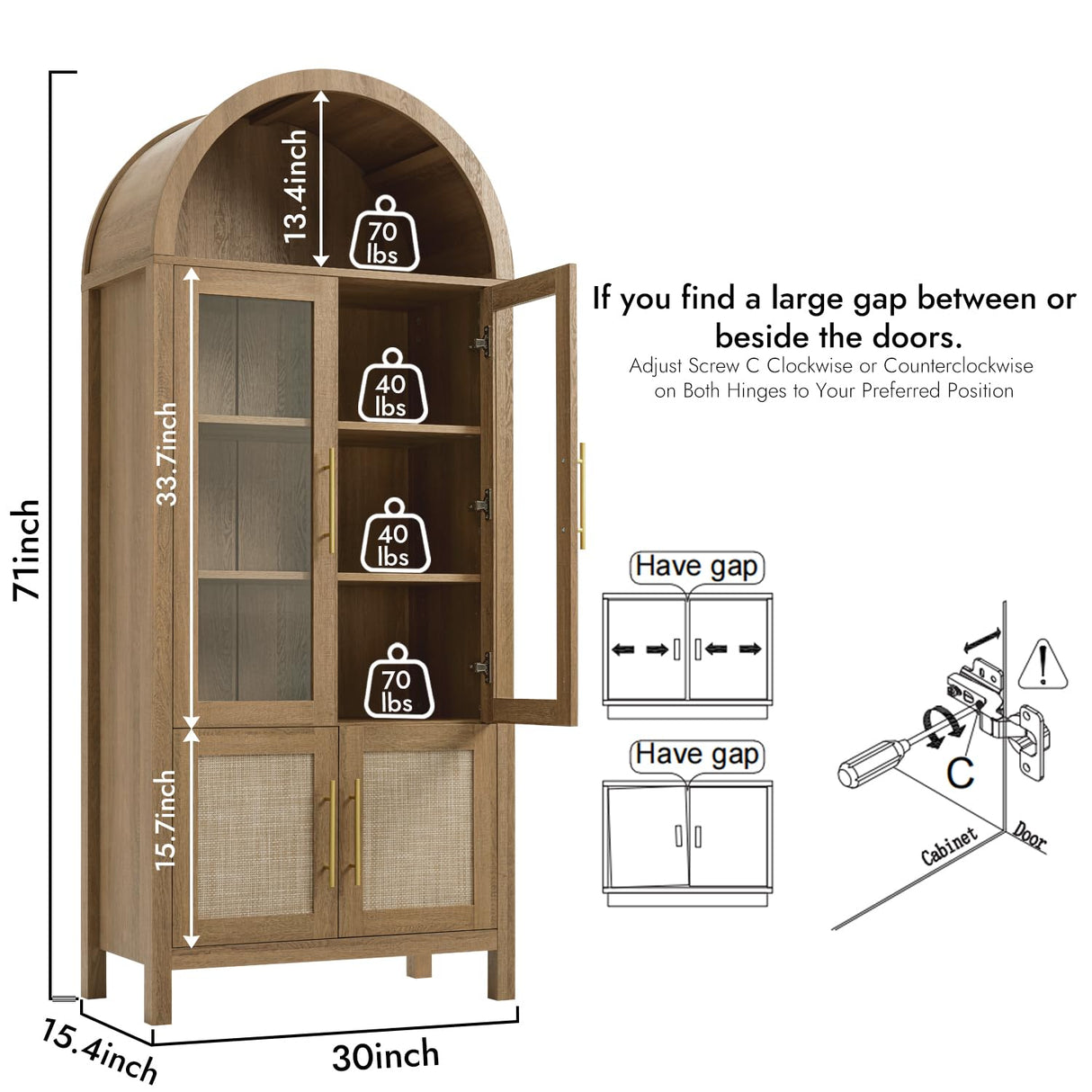 71" Tall Arched Display Cabinet, 5-Tier Bookshelf Modern Farmhouse Arched Bookcase with Glass Doors and Shelves, Wooden Pantry Storage Cabinet for Living Room, Office and Kitchen, Caramel Oak WINWY