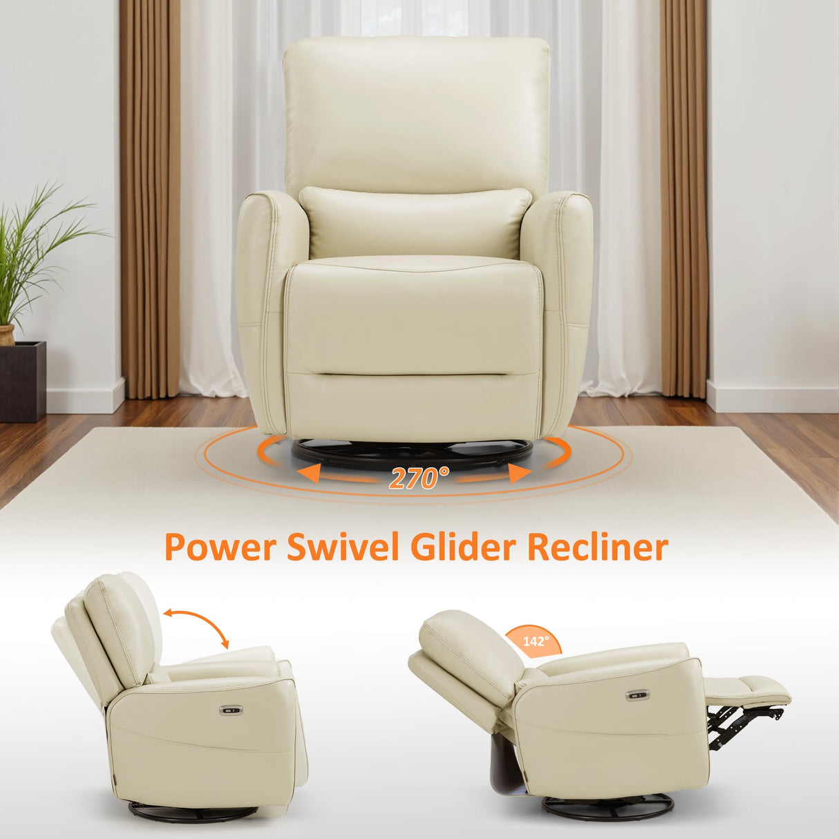 MCombo Power Swivel Rocker Recliner with Lumbar Support, Faux Leather Electric Nursery Glider Recliner Chair for Living Room, 6922 (Cream White) MCombo