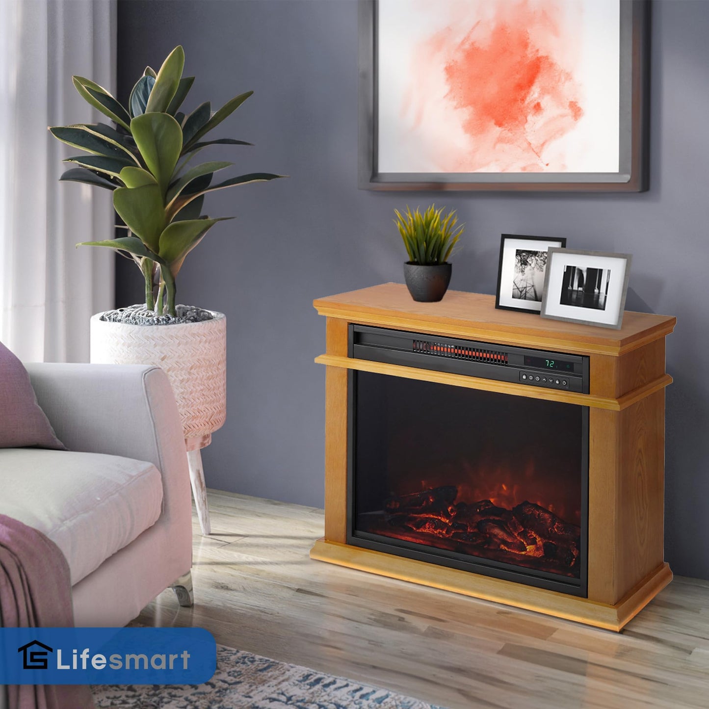 LifeSmart 1500 Watt Portable Electric Infrared Quartz Fireplace Heater for Indoor Use with 3 Heating Elements and Remote Control, Brown