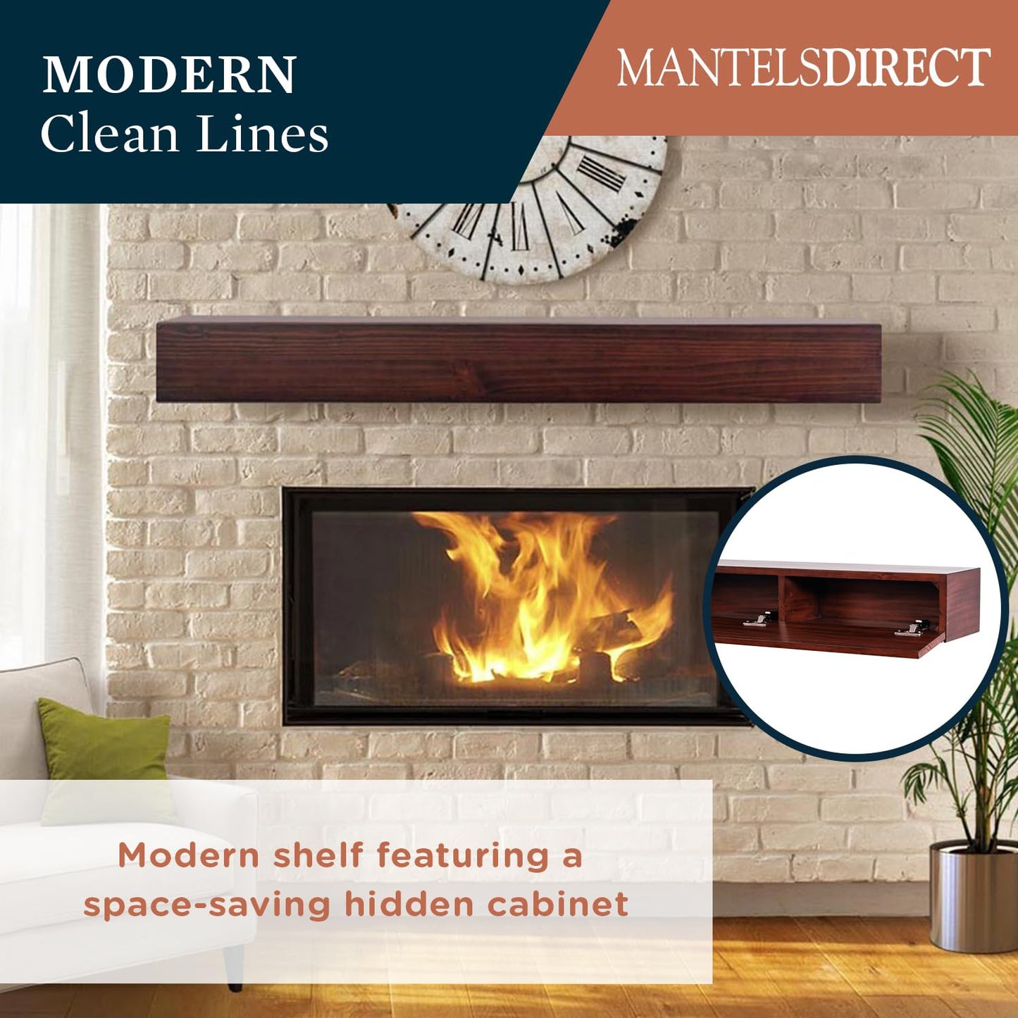 MANTELSDIRECT Houston Floating Wood Mantel Shelf with Hidden Storage Compartment - Cinnamon 60 Inch | Beautiful Wooden Rustic Shelf for TV Remotes, Controllers, and Décor