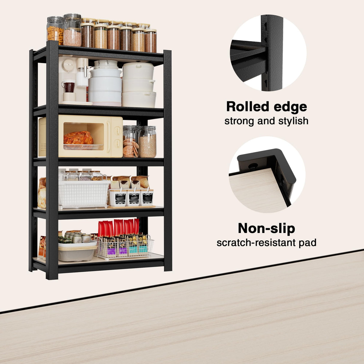 WORKPRO House 5-Tier Shelving Unit, 3000lbs Adjustable Storage Shelves, Boltless Book Shelf, Shelf Organizer for Kitchen, Living Room, Bathroom, Wood Grain Pattern, Waterproof Board, 24-1/10"W, Black WORKPRO
