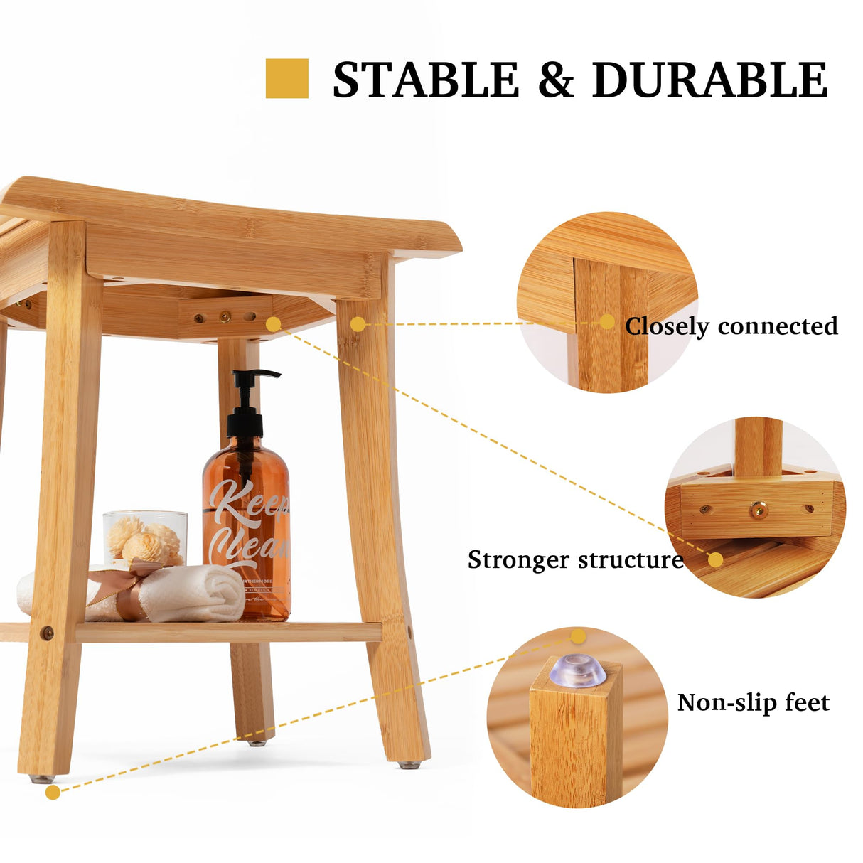 Unibambou Bamboo Shower Bench Inside Shower Stool with Storage Shelf, Spa Bath Chair for Bathroom, Seat or Organizer for Living Room, Bedroom and Garden - Great for All Ages Elderly (Natural) Unibambou