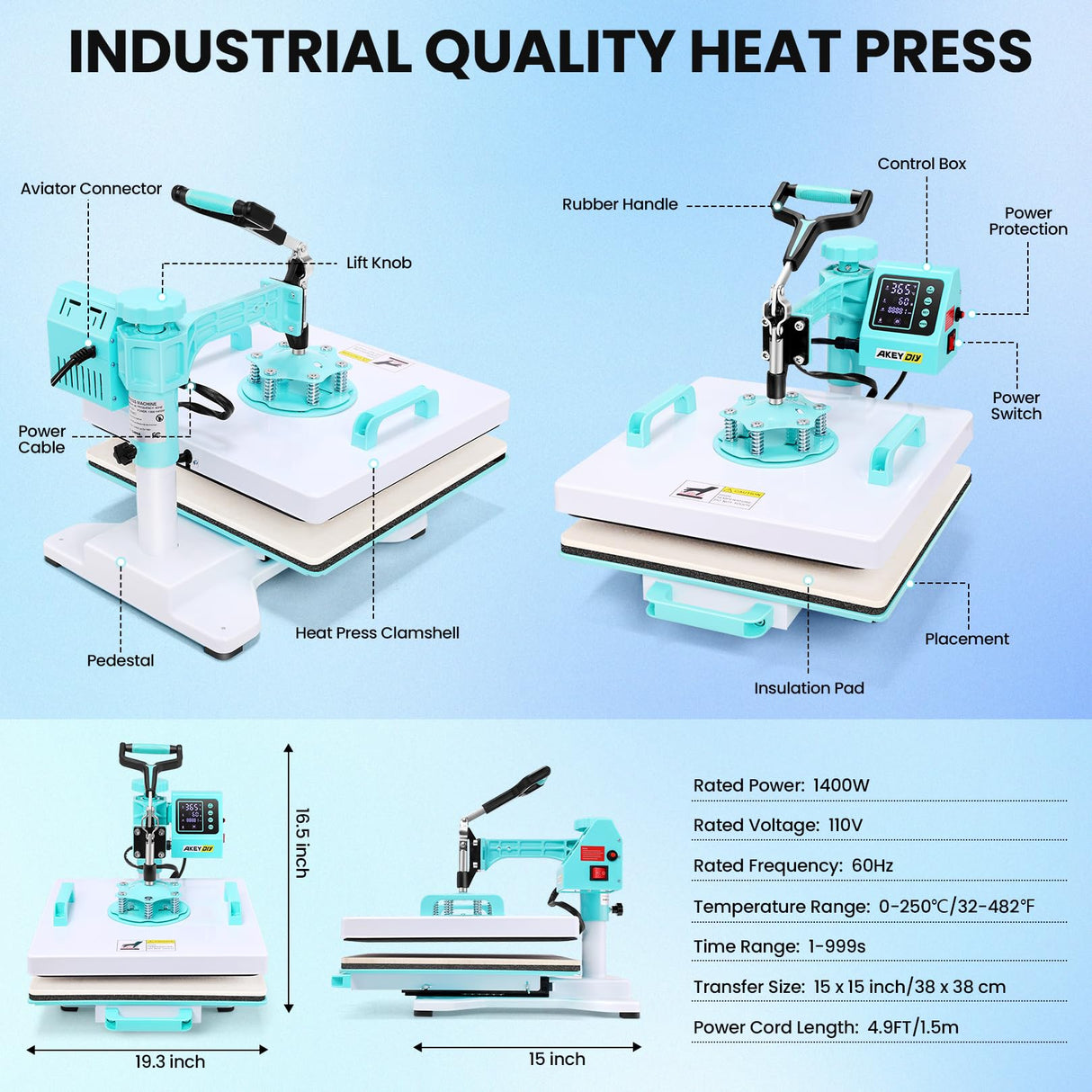 AKEYDIY Upgraded Heat Press Machine 8 in 1 Combo 15 X15 Digital Multifunction Shirt Press Machine for T Shirts Sublimation Machine 360-Degree Swing Away Dual-Tube Heating for DIY T-Shirts Caps&Mugs AKEYDIY