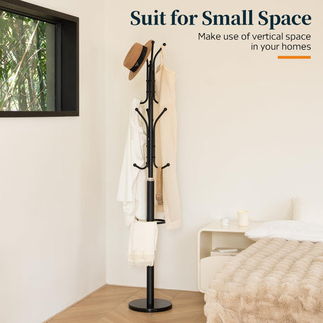 Yoobure Metal Coat Rack Freestanding with Marble Base, Coat Tree with 12 Hooks & Umbrella Holder, Coat Hanger Stand for Corner Entryway Bedroom Office, Heavy Duty Coat Rack Stand for Clothes Hats Bags Yoobure