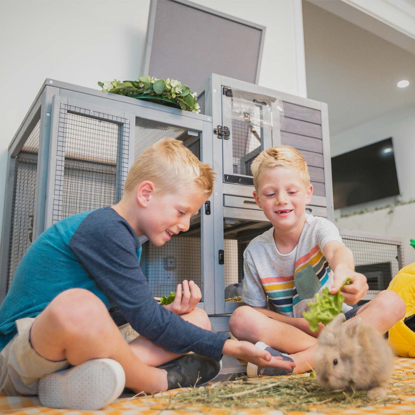 Aivituvin Rabbit Hutch, Indoor Bunny Cage with Run Outdoor Rabbit House with Two Deeper No Leak Trays - 4 Casters Include (Grey) - WoodArtSupply