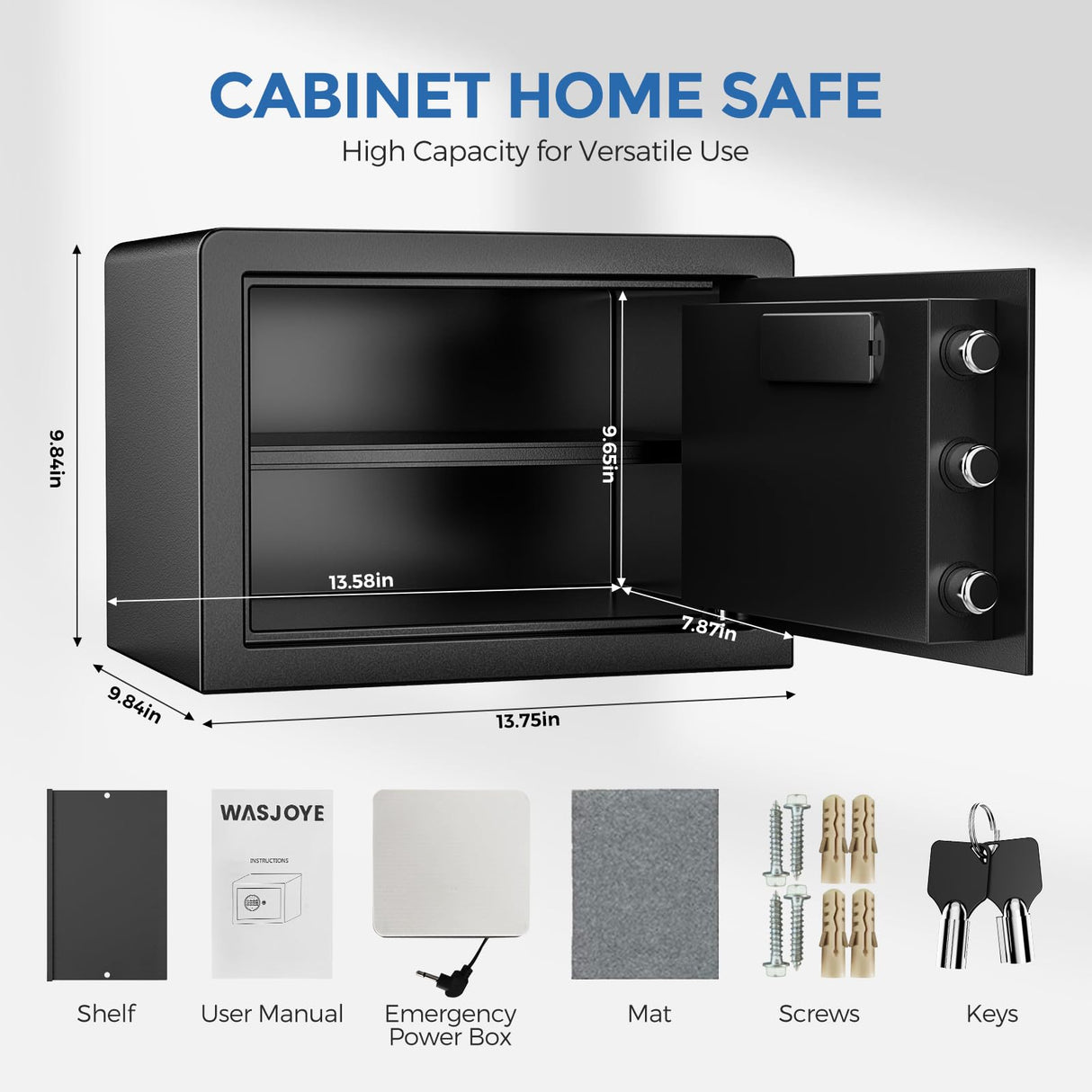 WASJOYE Security Home Safe Box - 1.0 Cu Ft Cabinet Safe Box with Digital Keypad Safety Key Lock, Fireproof Safe Box for Home Business Office Hotel Money Document Jewellery Passport Gun Storage WASJOYE