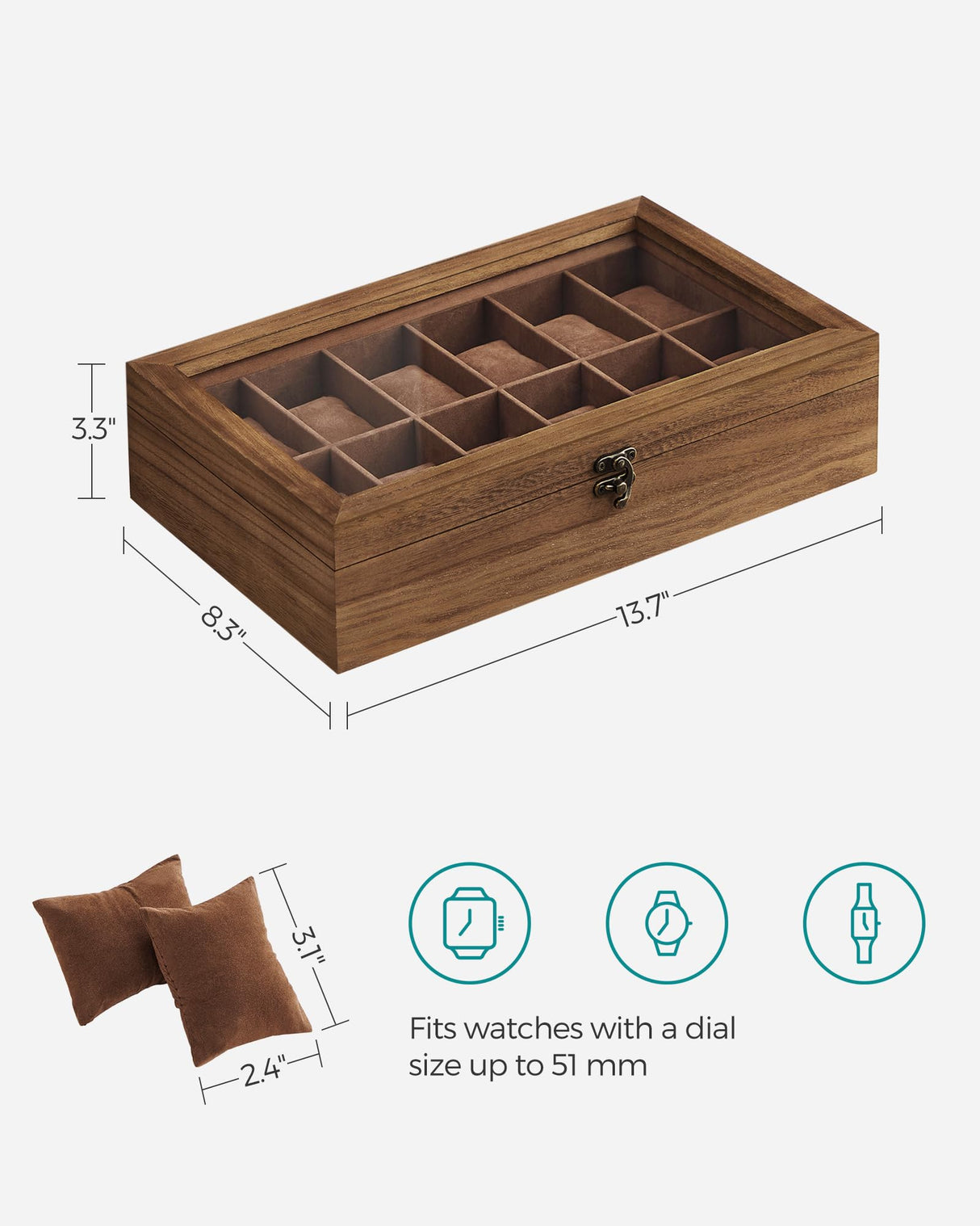 SONGMICS Watch Box with 12 Slots, Watch Case, Solid Wood Watch Box Organiser with Glass Lid, Watch Display Box with Removable Pillows, Gift Idea, SONGMICS
