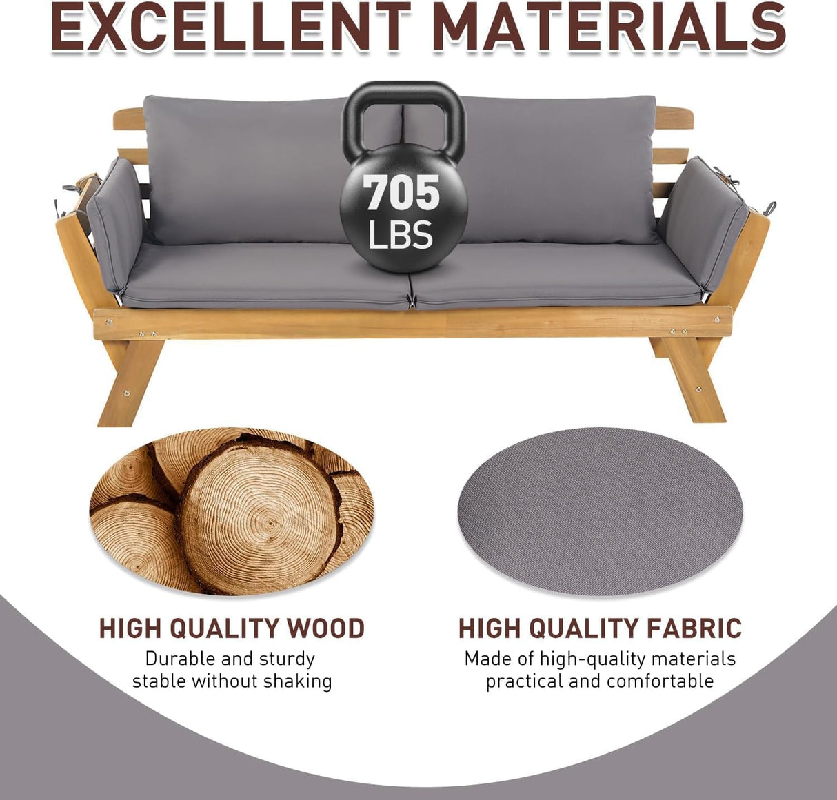 PayLessHere Outdoor Couch Patio Couch Daybed with Adjustable Armrest, Wooden Loveseat with Cushion and Pillow, and Expandable Plate PayLessHere