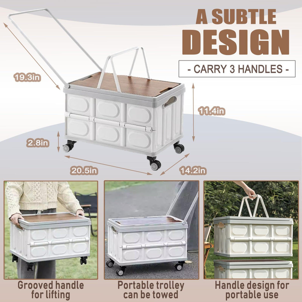 Foldable Utility Cart with Wooden Cover,Folding Portable Rolling Crate with 360° Swivel Wheels,Foldable Camping Basket Supplies,Portable Storage Crate Containers for Camping,Shopping,Office Fanboxk