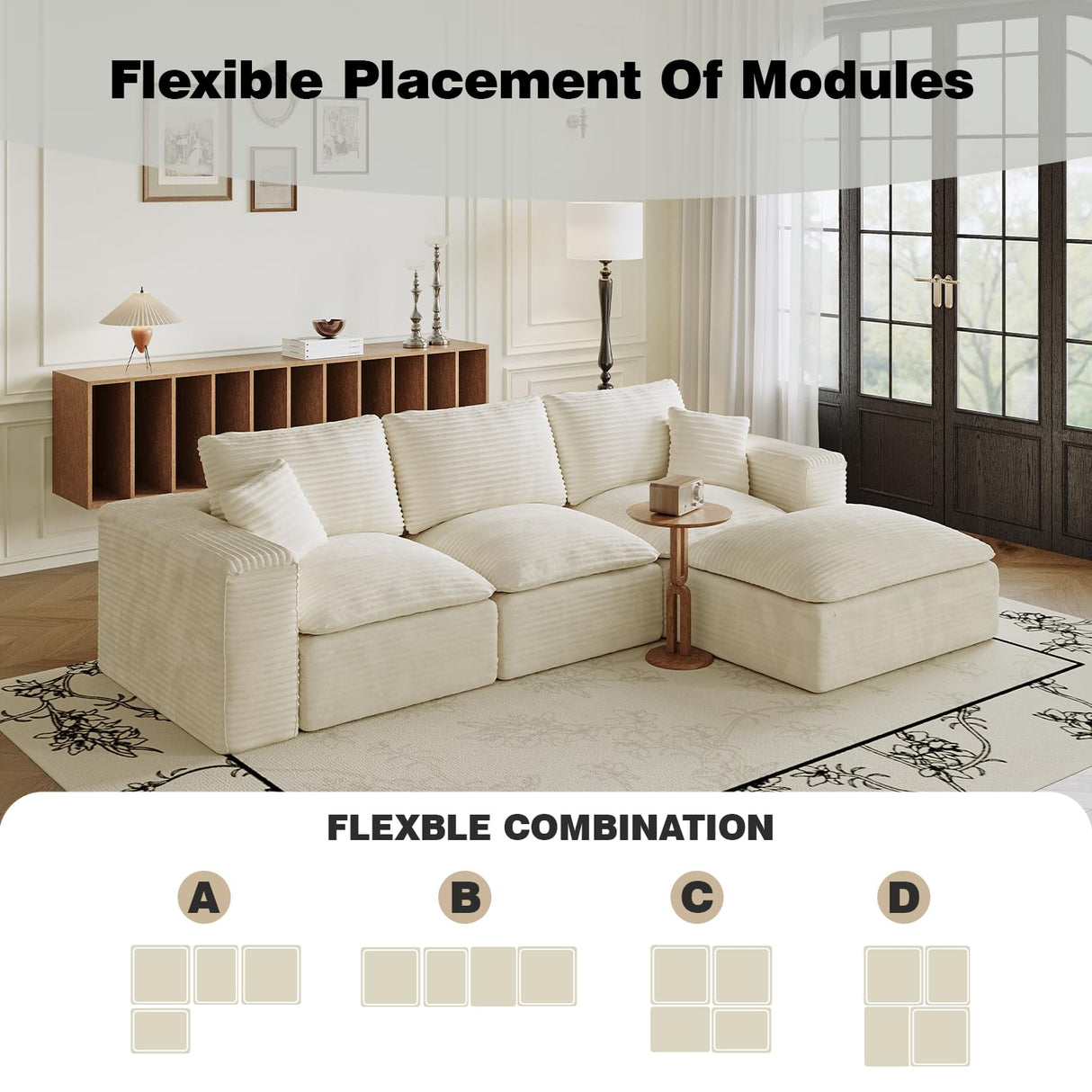 ZIGHTH 108" Plush Corduroy L Shaped Sectional Cloud Sofa Couch with Ottoman, Soft Deep Seat Modular Sectional Couches for Living Room,No Assembly. Beige ZIGHTH