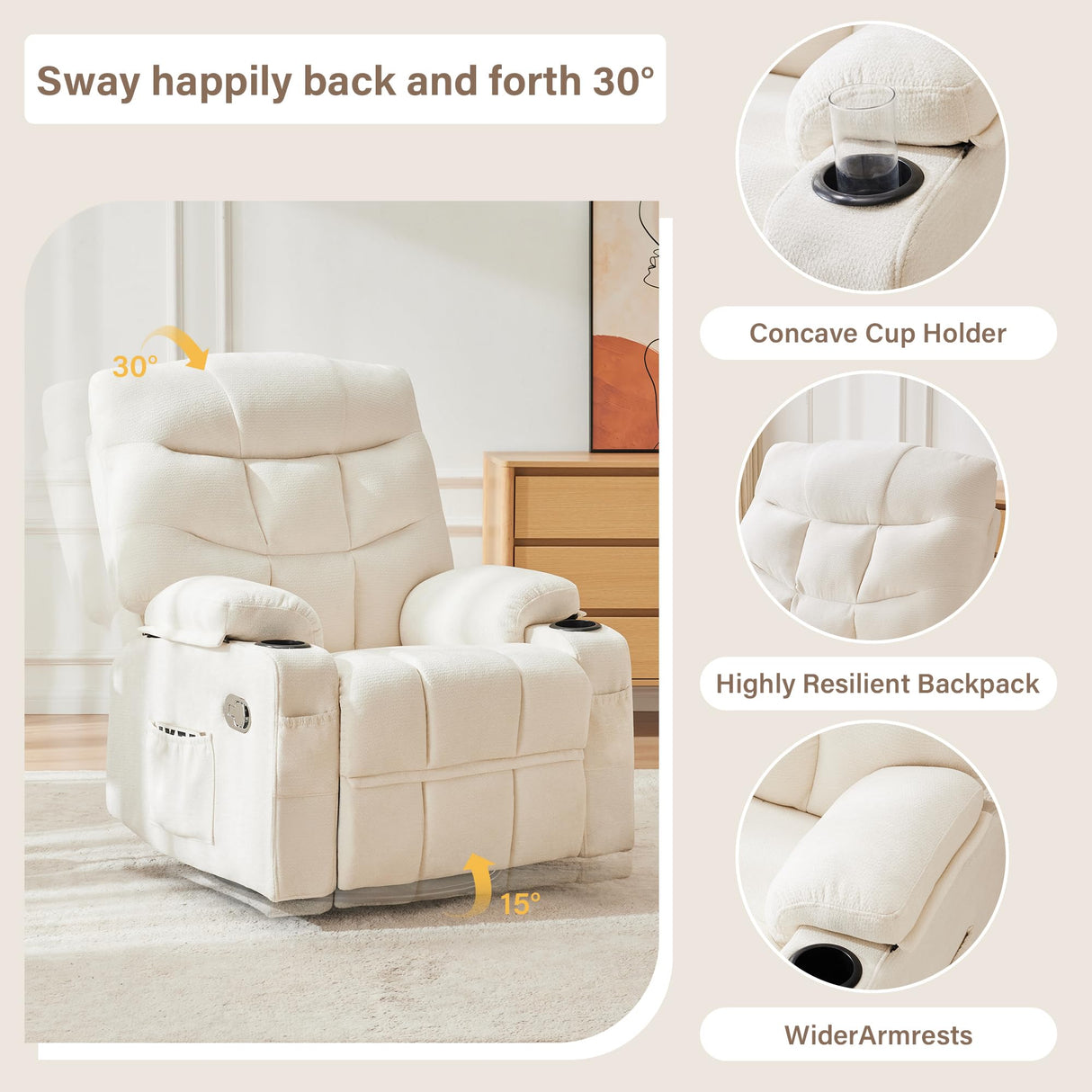 Hicosit Manual Rocker Recliner Chair, 360°Swivel Recliner Chairs for Adults, Single Recliner Seat with Cup Holders,Upholstered Fabric Lazy Boy Recliner,White Hicosit