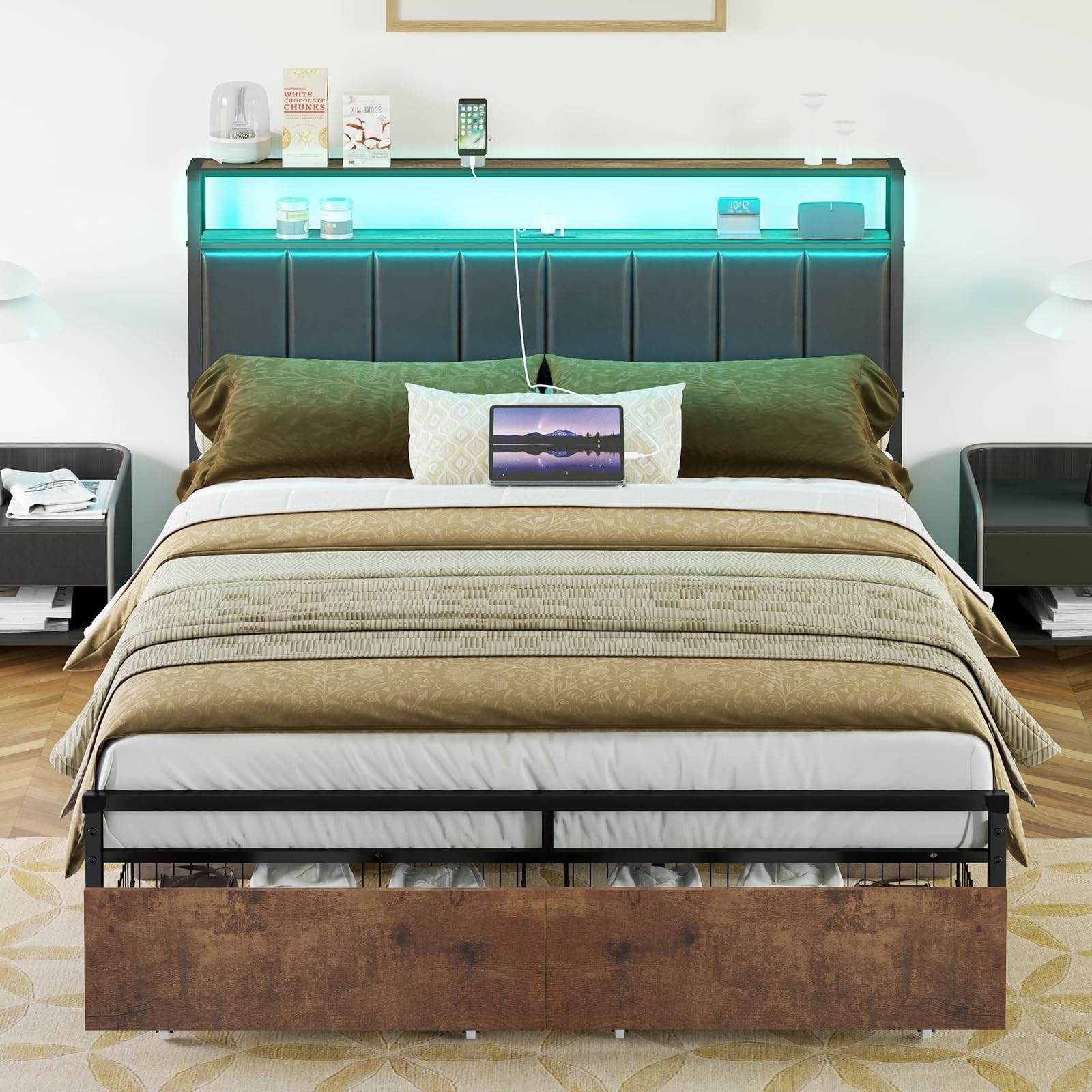 AMERLIFE Rustic Brown LED Platform Bed Frame with Storage Drawers & Charging Station Headboard - WoodArtSupply