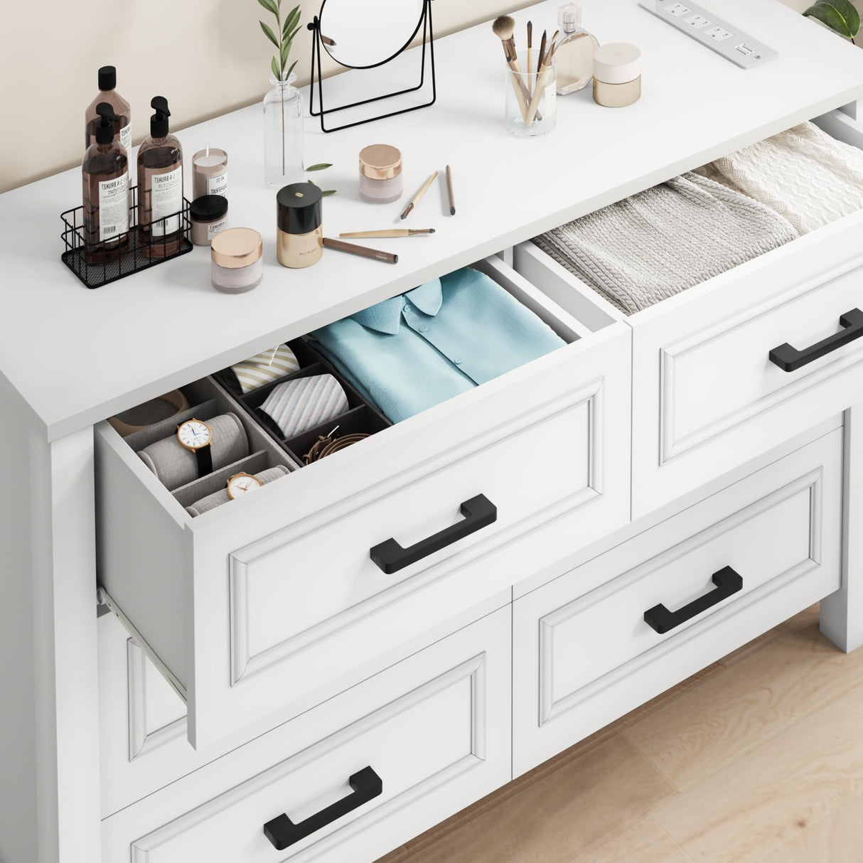 DWVO Farmhouse Wooden Dresser TV Stand with Power Outlet, 6-Drawer Dresser with Large Storage Drawers and Bar Handles, Ideal for Bedroom, Living Room, Hallway, 47.2" x 15.7" x 33.4" - White DWVO