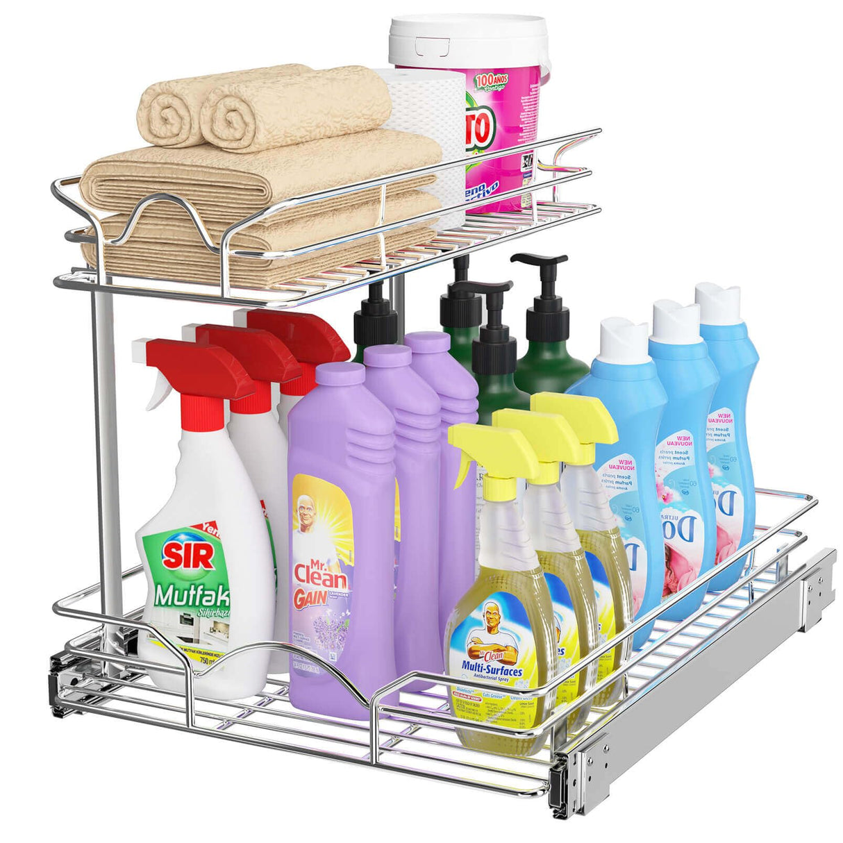 OCG Under Sink Cabinet Organizer Two Tier Pull Out Shelf (14.75W x 21D), Under Sink Sliding Shelf for Kitchen Bathroom Cabinet 2 Tier Chrome OCG