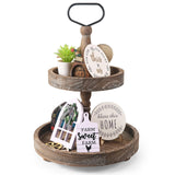 ASMPCUE 2 Tiered Tray Stand, Farmhouse Tiered Tray Stand with Metal Handle for Home Kitchen Decor, Wooden Rustic Two Tiered Serving Tray Coffee Table Tray for Holiday Decor, Tray ONLY(Rustic Wood) ASMPCUE