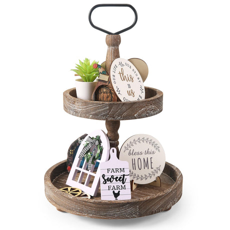 ASMPCUE 2 Tiered Tray Stand, Farmhouse Tiered Tray Stand with Metal Handle for Home Kitchen Decor, Wooden Rustic Two Tiered Serving Tray Coffee Table Tray for Holiday Decor, Tray ONLY(Rustic Wood) ASMPCUE